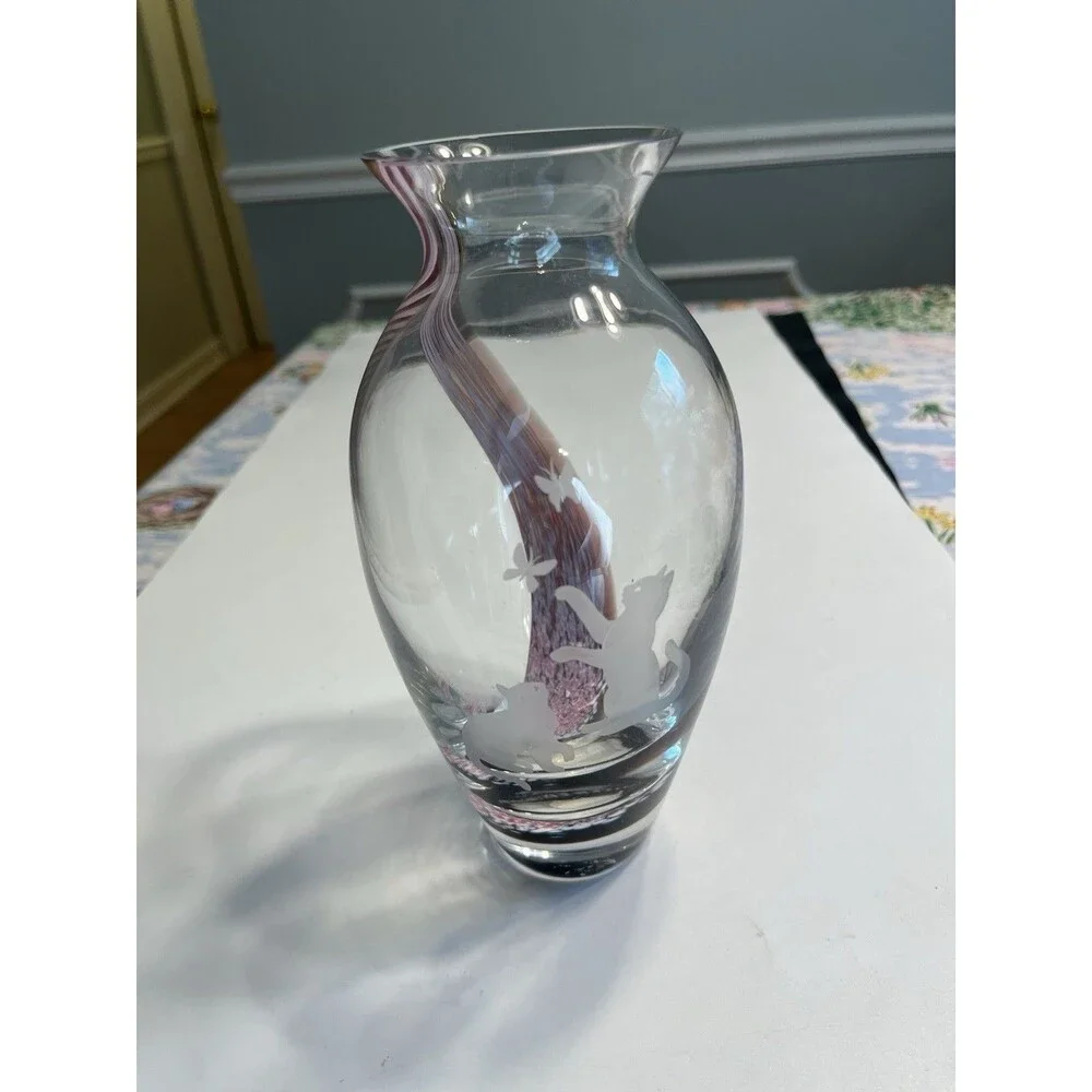RARE!! Lenox Art Glass Etched Frosted Kitten Cats Pink Swirl 8” Vase Scotland